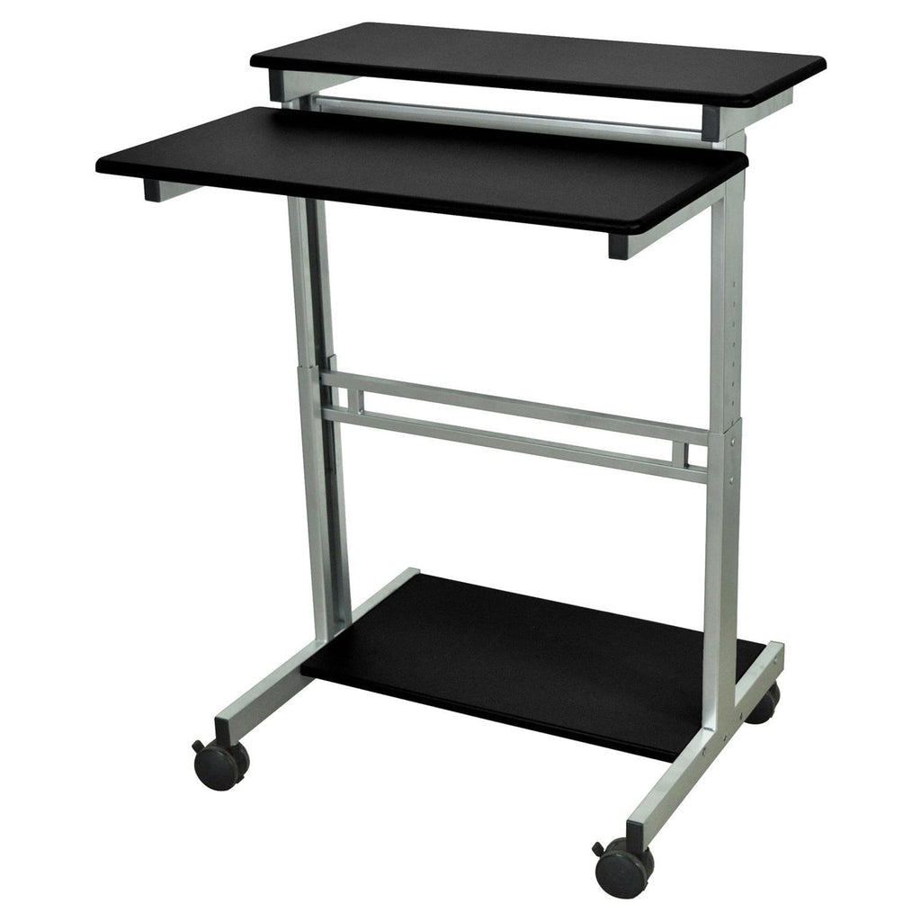 Side view of Sleek Black Adjustable Mobile Stand-Up Desk showcasing its modern design