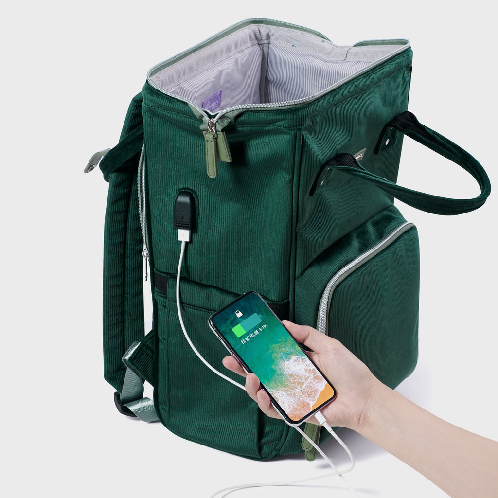 Front view of Chic Corduroy Diaper Backpack by SUNVENO in stylish design