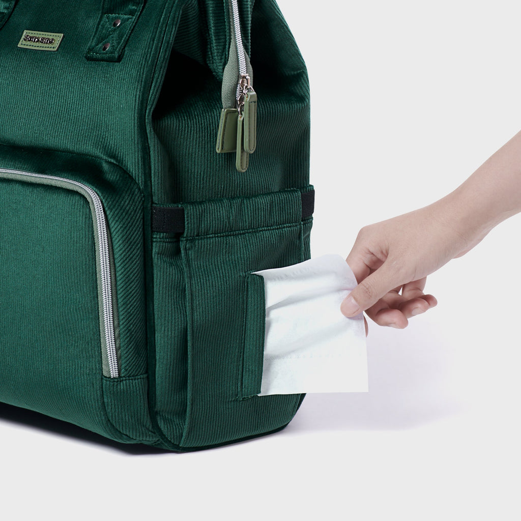 Interior organization of SUNVENO Corduroy Diaper Backpack with baby essentials