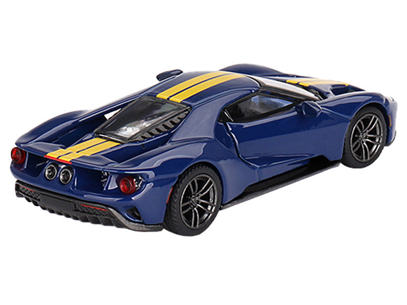 Side angle of Ford GT Sunoco Blue Diecast Model showcasing yellow stripes