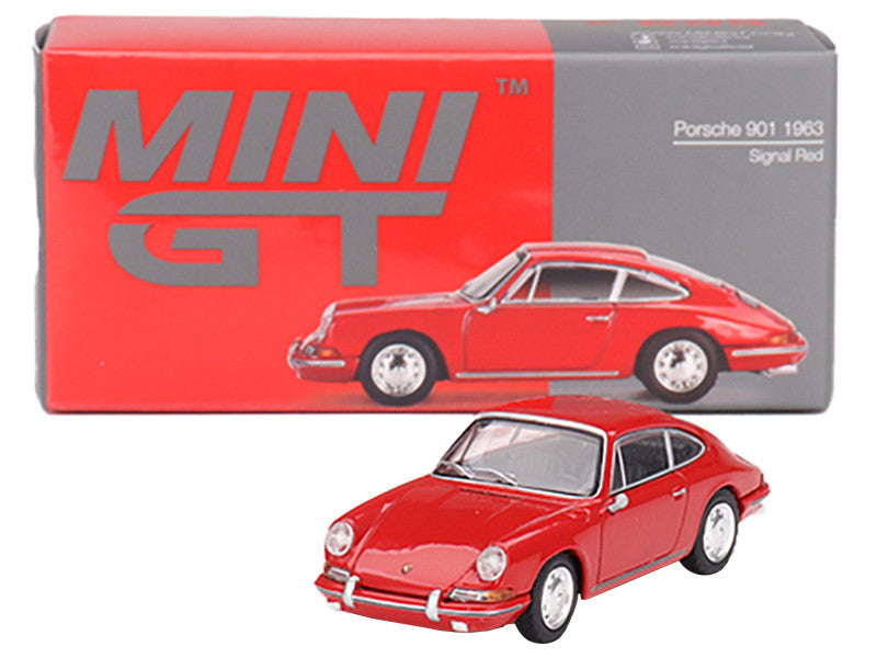 Side view showcasing details of 1963 Porsche 901 Signal Red model by Mini GT
