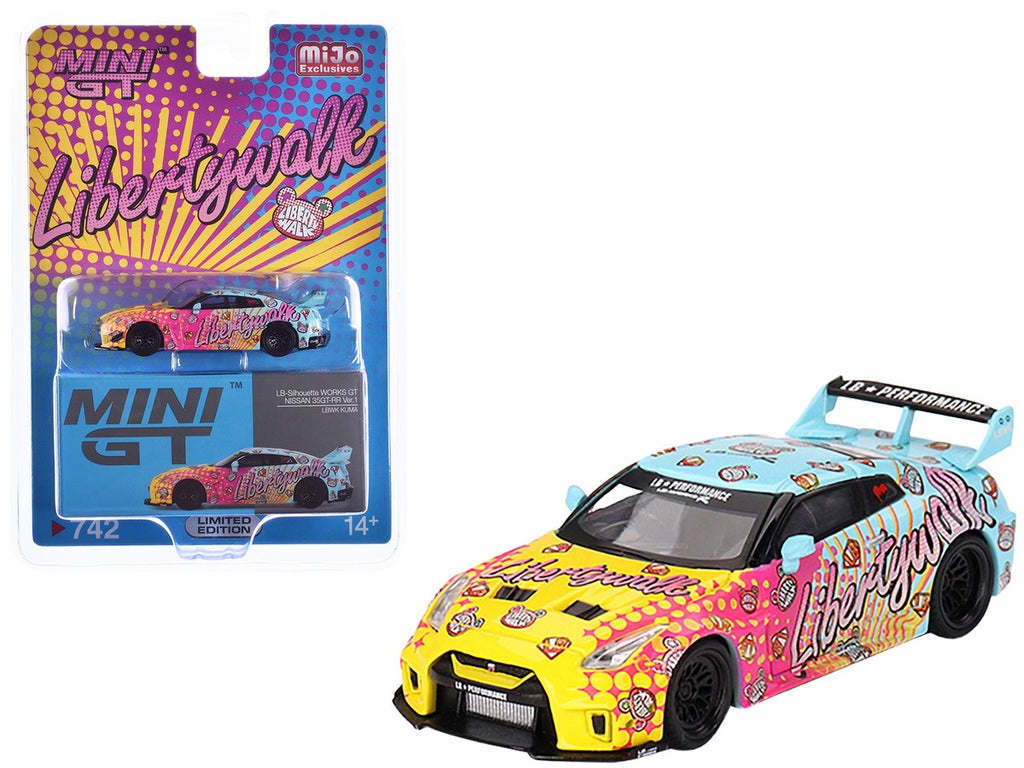 Display of Nissan 35GT-RR Ver.1 diecast model with LBWK KUMA graphics