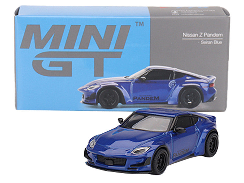 Side profile of Nissan Z Pandem Seiran Blue diecast model showcasing details