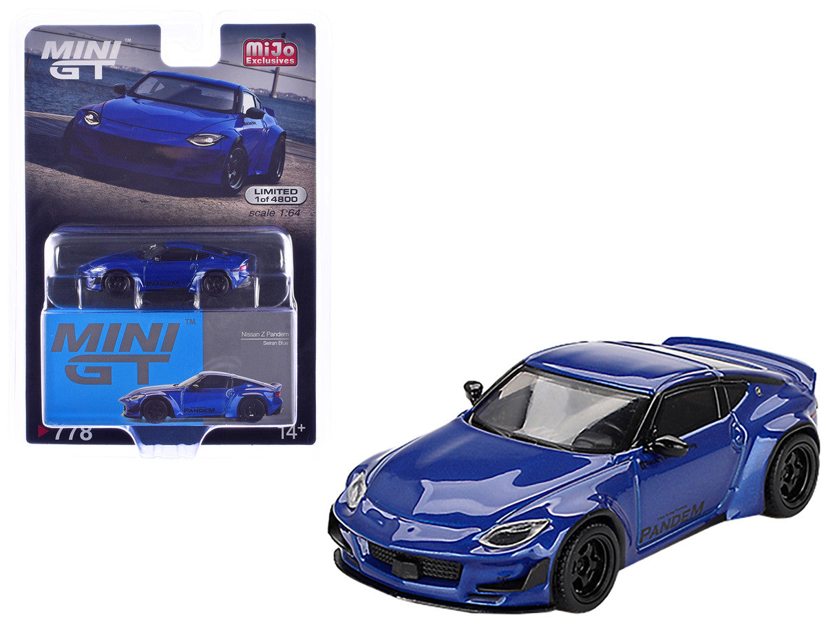 Nissan Z Pandem Seiran Blue diecast model displayed on a stylish shelf