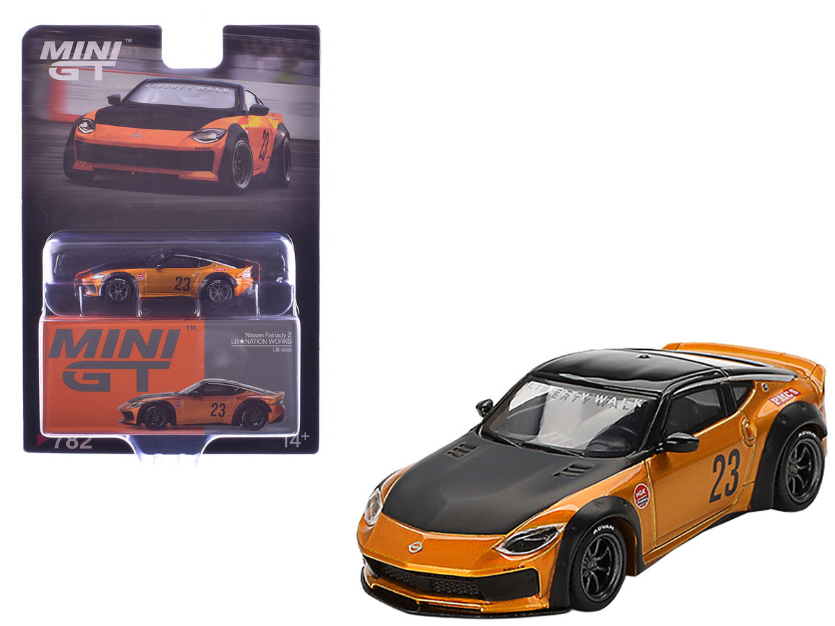 Nissan Fairlady Z #23 LB-NATION WORKS diecast model in gold and black by Mini GT
