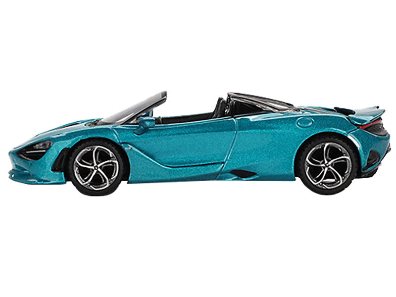 Front view of McLaren 750S Spider Diecast Model in Belize Blue by Mini GT