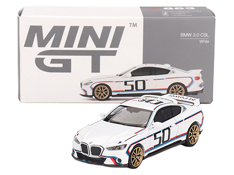 Side angle of the BMW 3.0 CSL #50 Diecast Model showcasing vibrant stripes