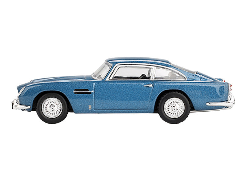 Side view of Aston Martin DB5 Sierra Blue 1/64 Diecast Model by Mini GT