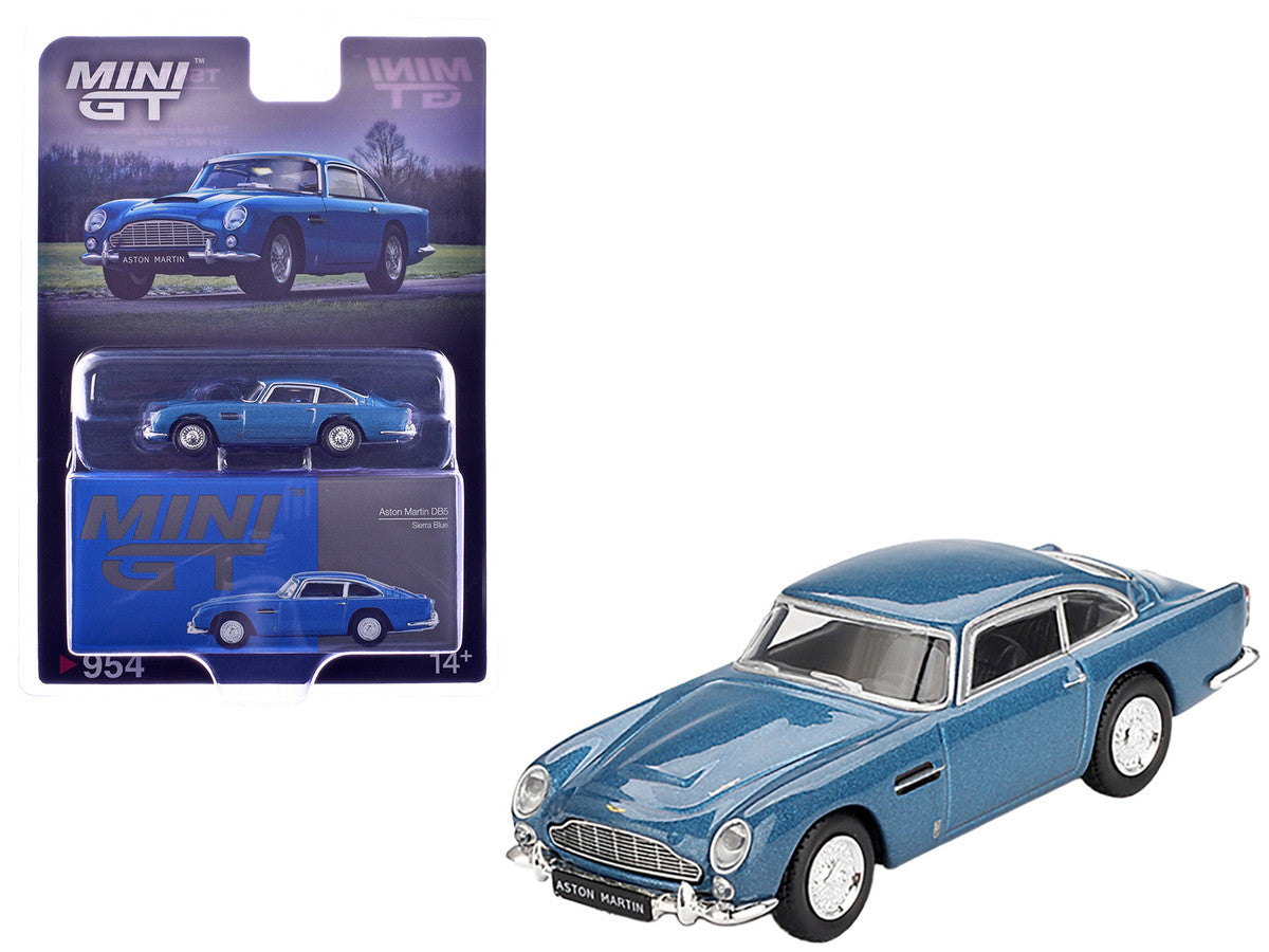Rear view of Aston Martin DB5 Sierra Blue Diecast Model by Mini GT