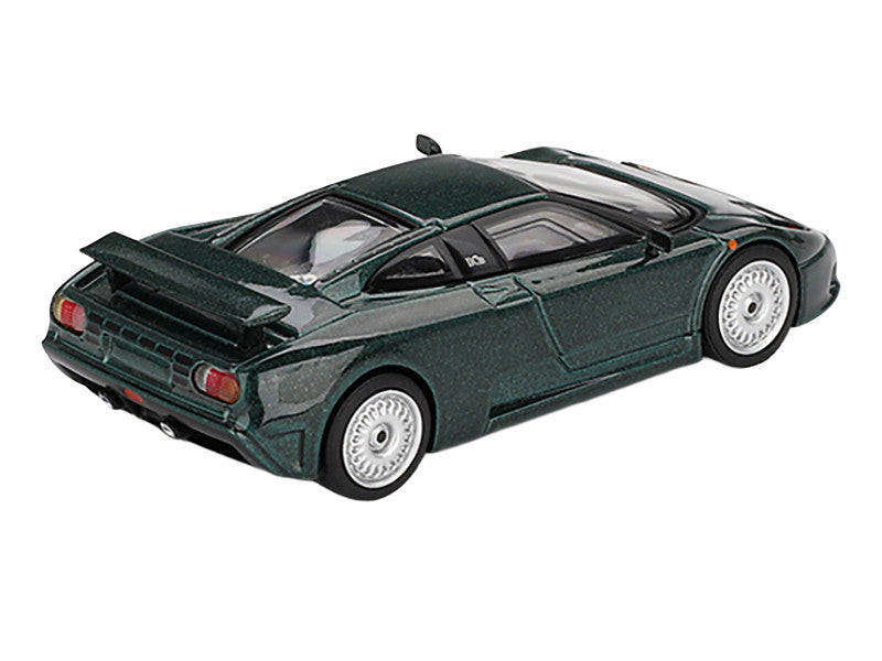 Close-up of the wheels on Mini GT Bugatti EB110 GT Dark Green Diecast Model