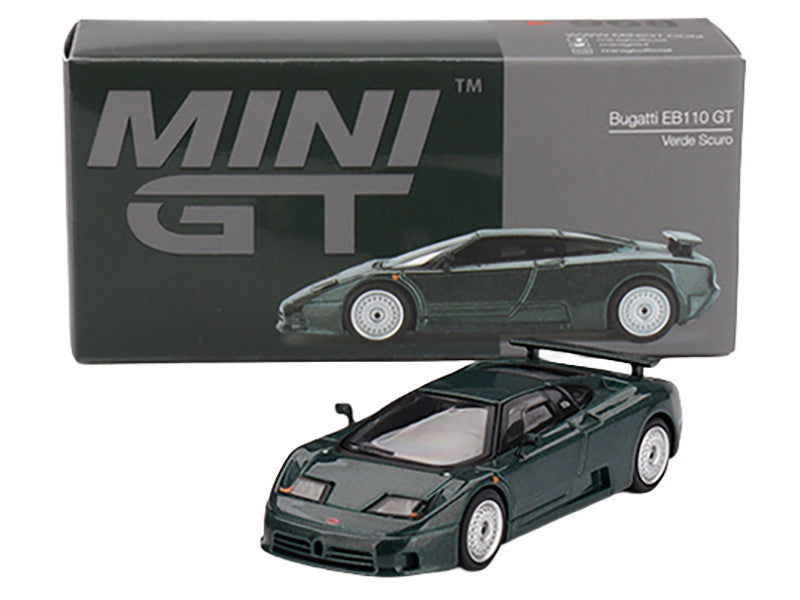 Side angle of Mini GT Bugatti EB110 GT Dark Green Diecast Model showcasing details