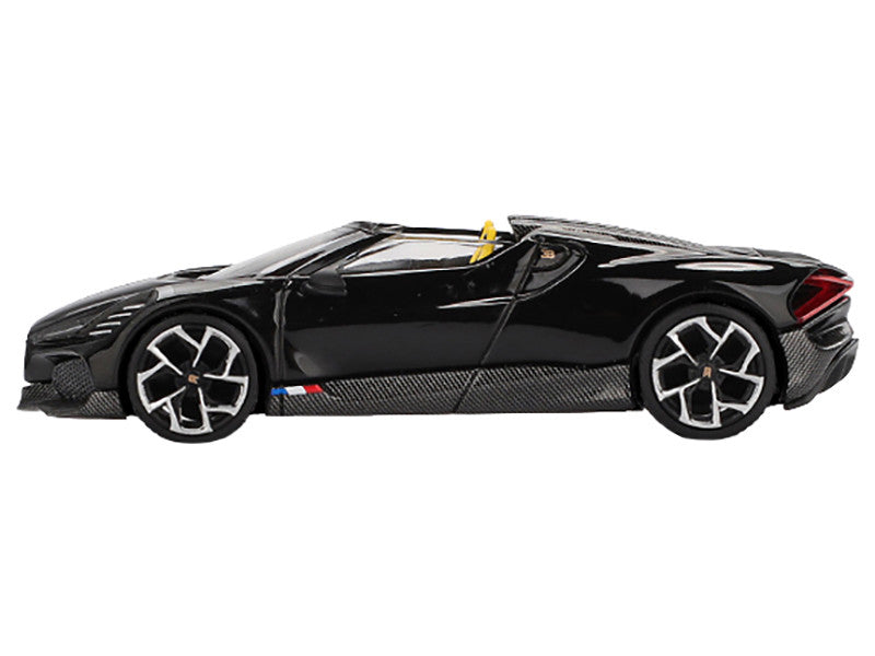 Front view of Exclusive Bugatti W16 Mistral Diecast Model in black by Mini GT