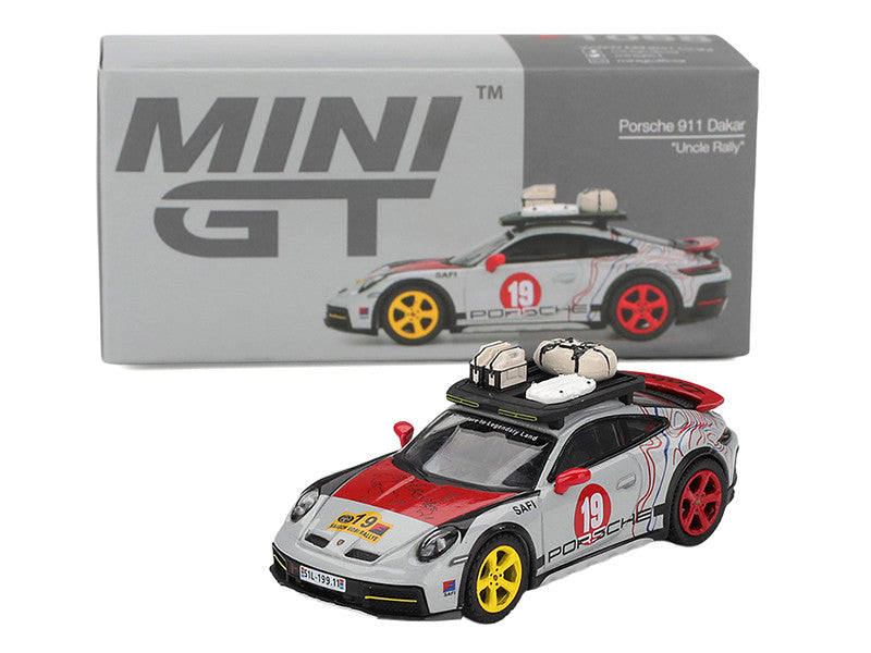 Side view highlighting the details of Porsche 911 Dakar #19 diecast car