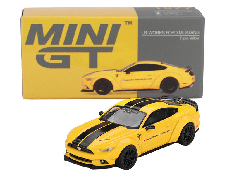 Side angle of Limited Edition Ford Mustang LB-Works Triple Yellow Diecast Model showcasing black stripes