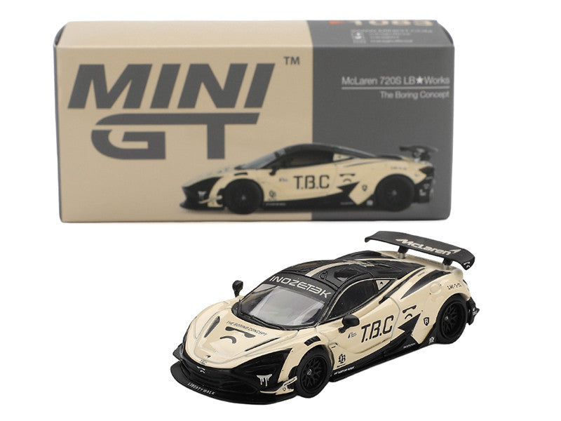 Side angle of McLaren 720S LB-Works diecast model showcasing details by Mini GT