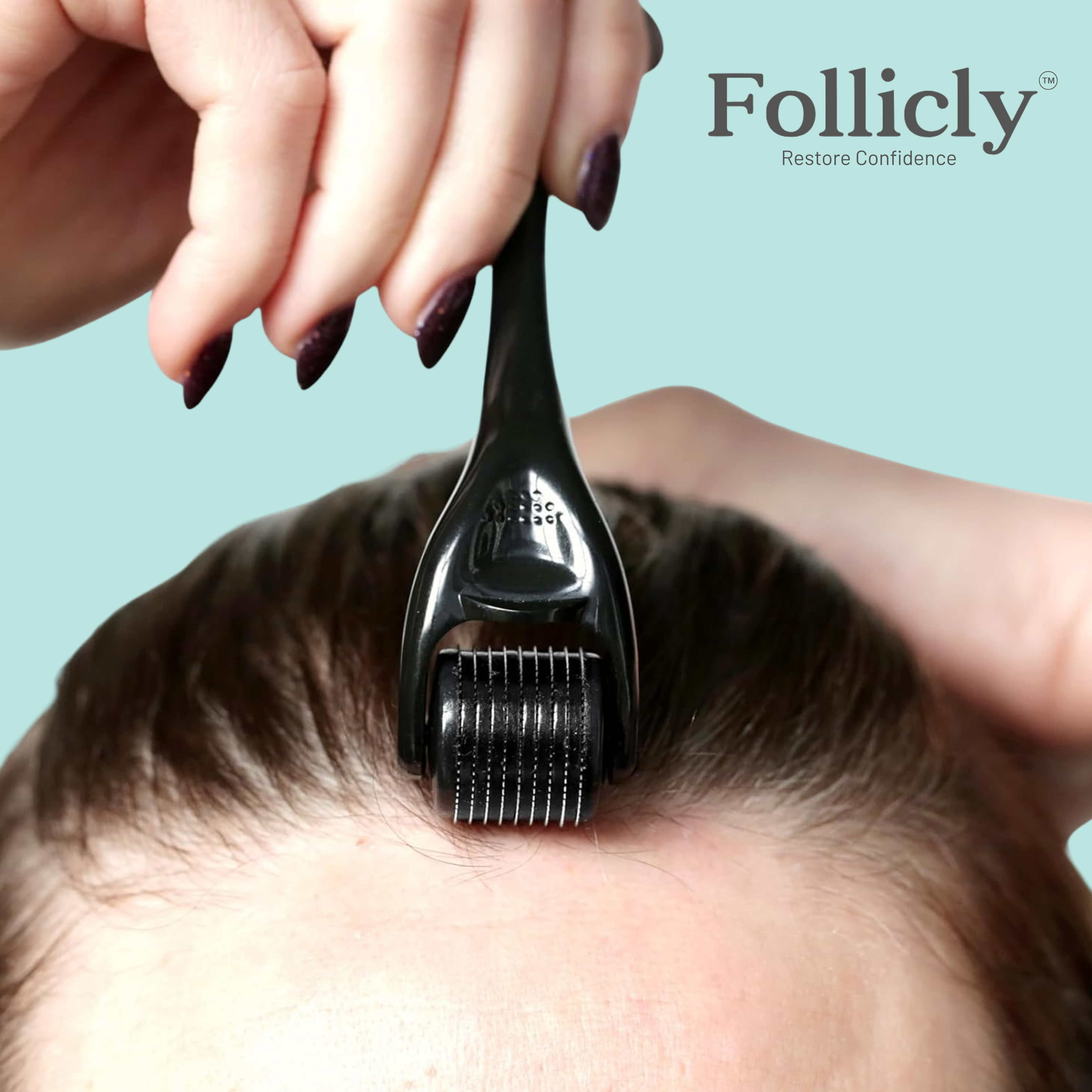 Close-up of Follicly™ Microneedling Roller highlighting 540 microneedles