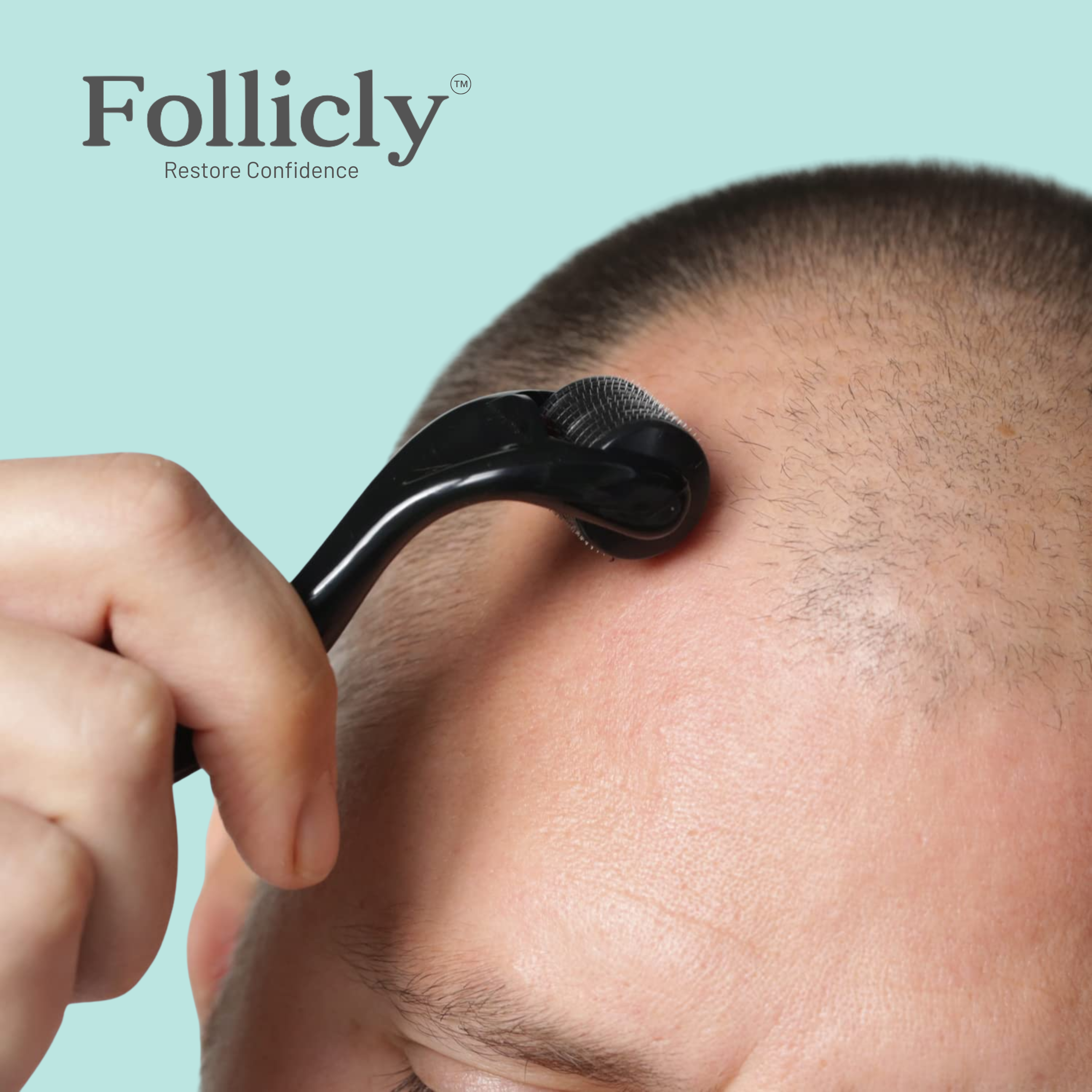 Side view of Follicly™ Microneedling Roller showcasing precision needles