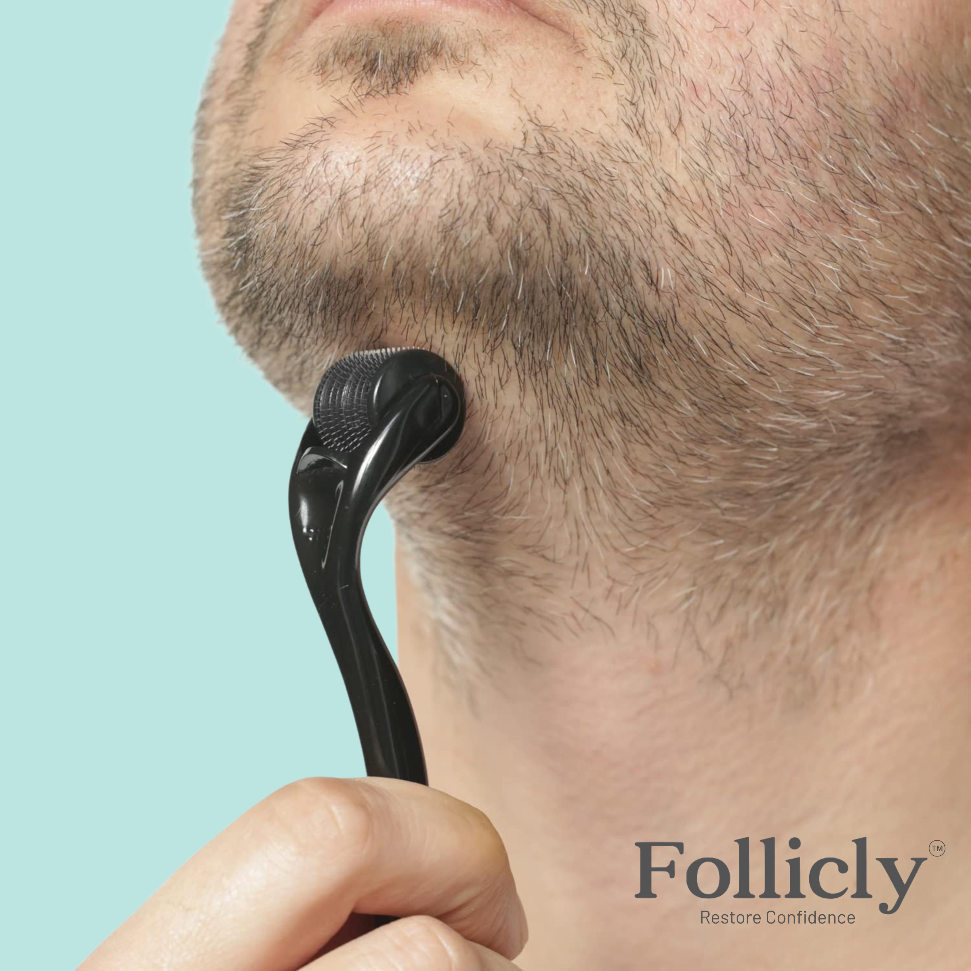 Follicly™ Microneedling Roller in use on scalp for hair growth