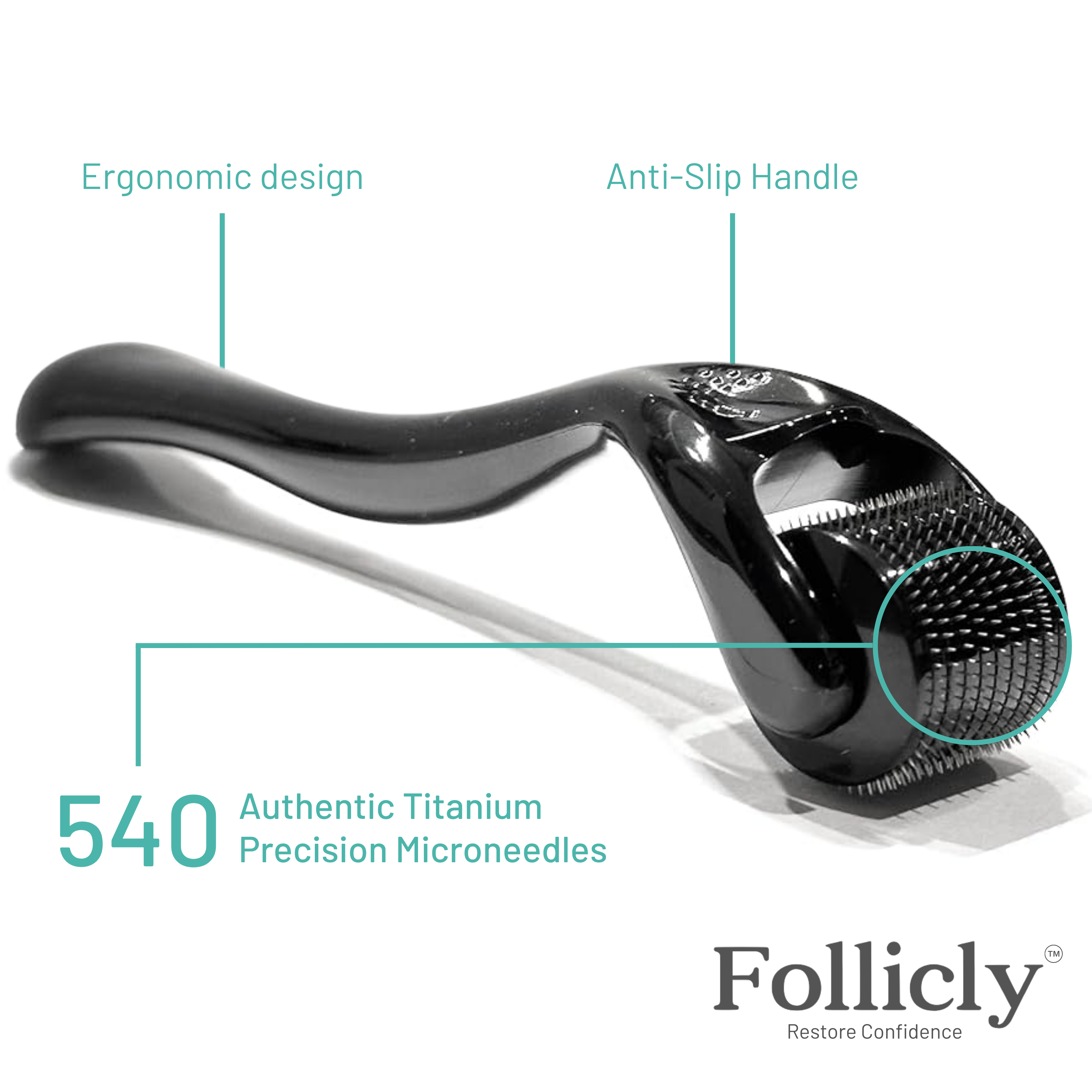 Follicly™ Microneedling Roller on a vanity with skincare products