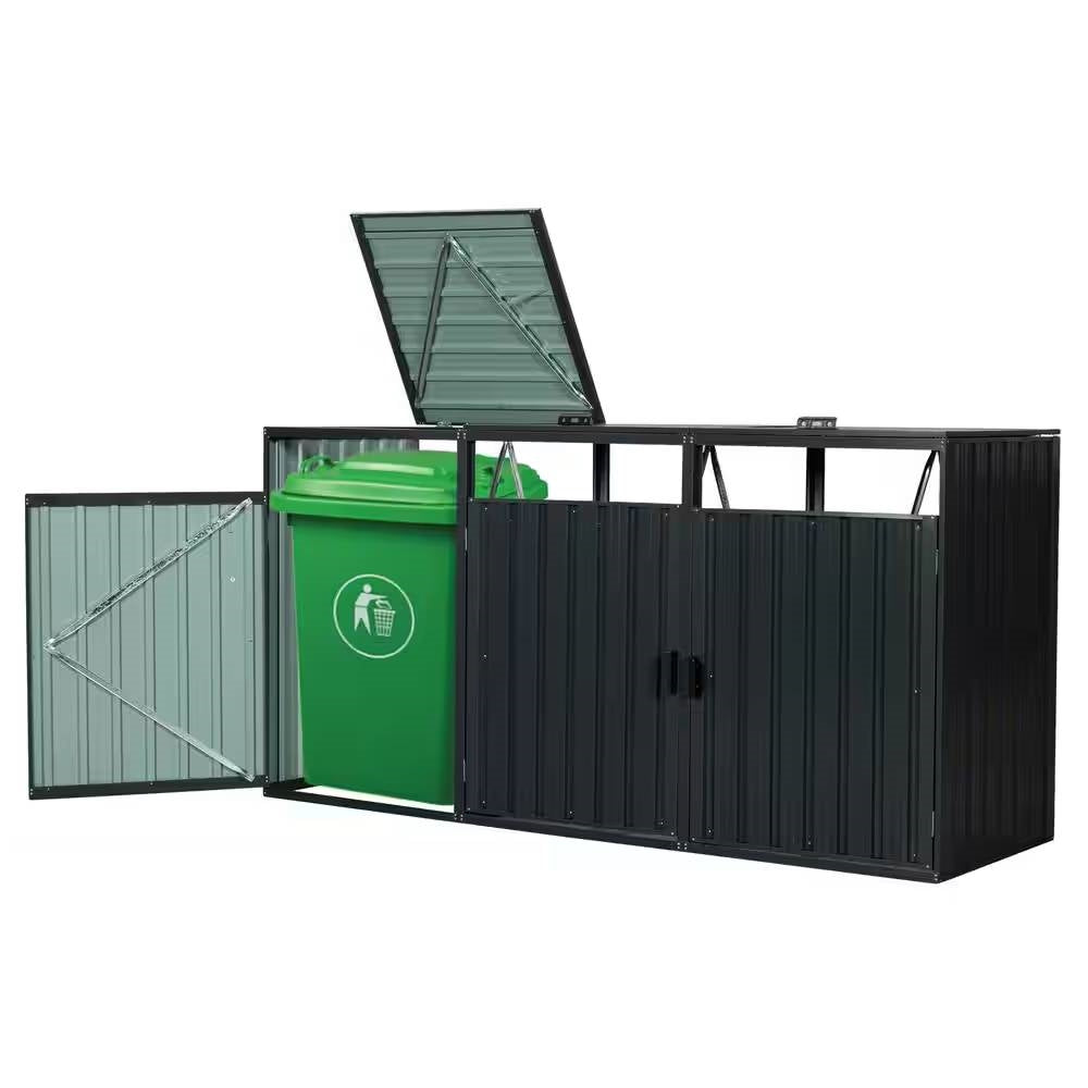 Front view of Elegant Black Steel Garbage Bin Storage Shed by FastFurnishings