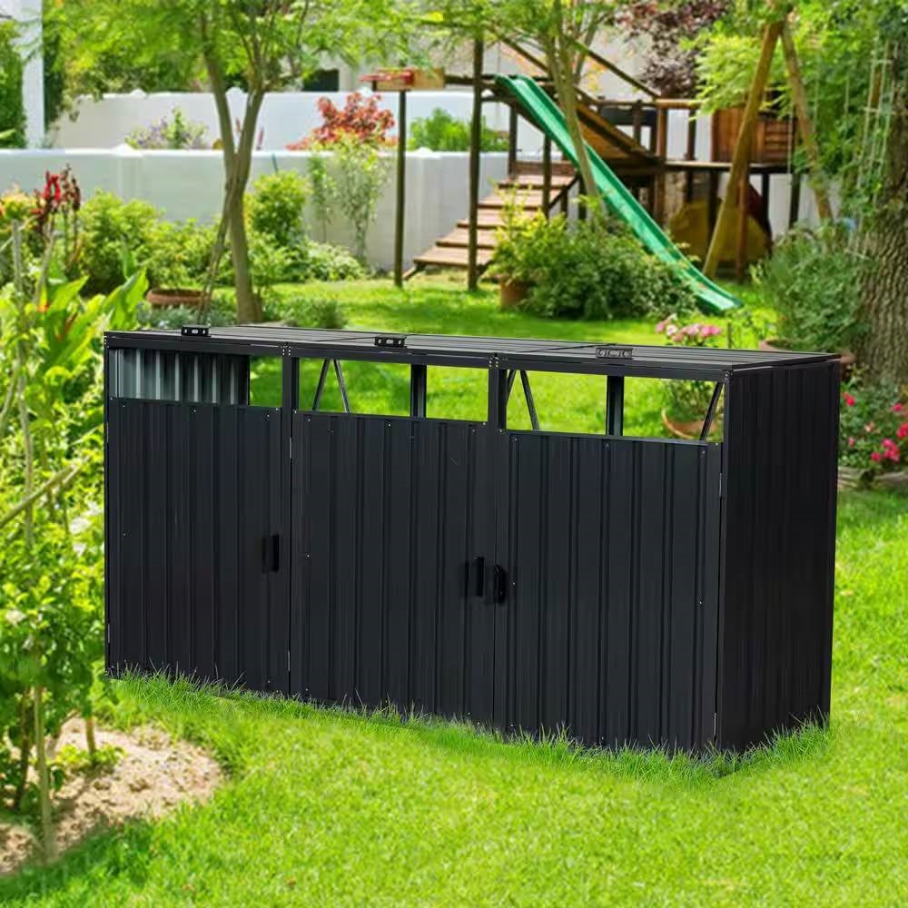Side view showing storage capacity of Elegant Black Steel Garbage Bin Shed