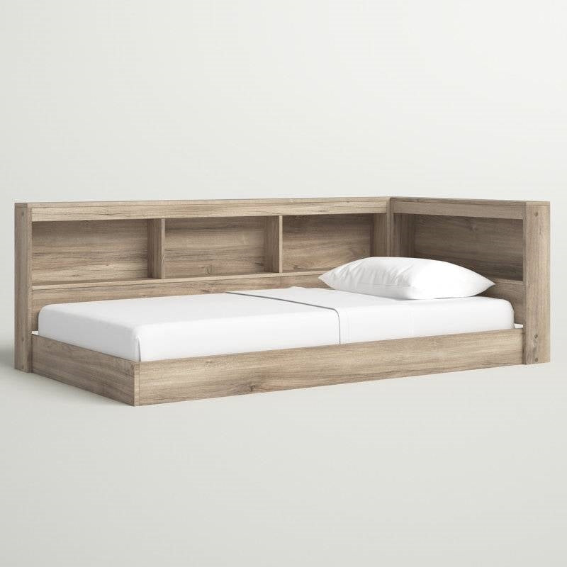 Twin size Natural Wood Corner Storage Bed with Bookcase Headboard and USB Ports