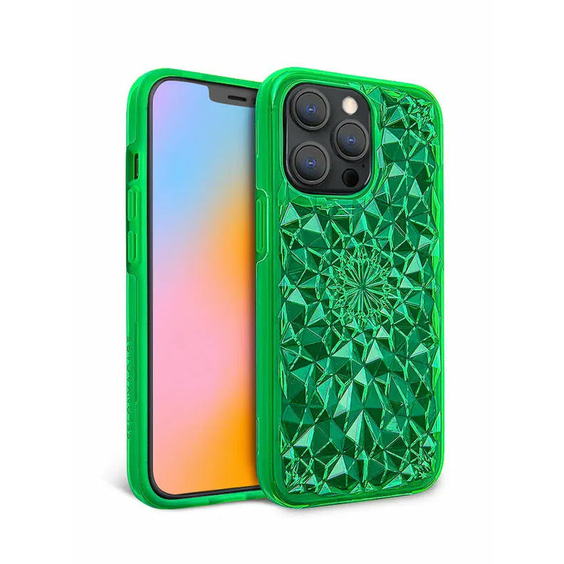 Back view of Neon Green Kaleidoscope iPhone Case with geometric pattern
