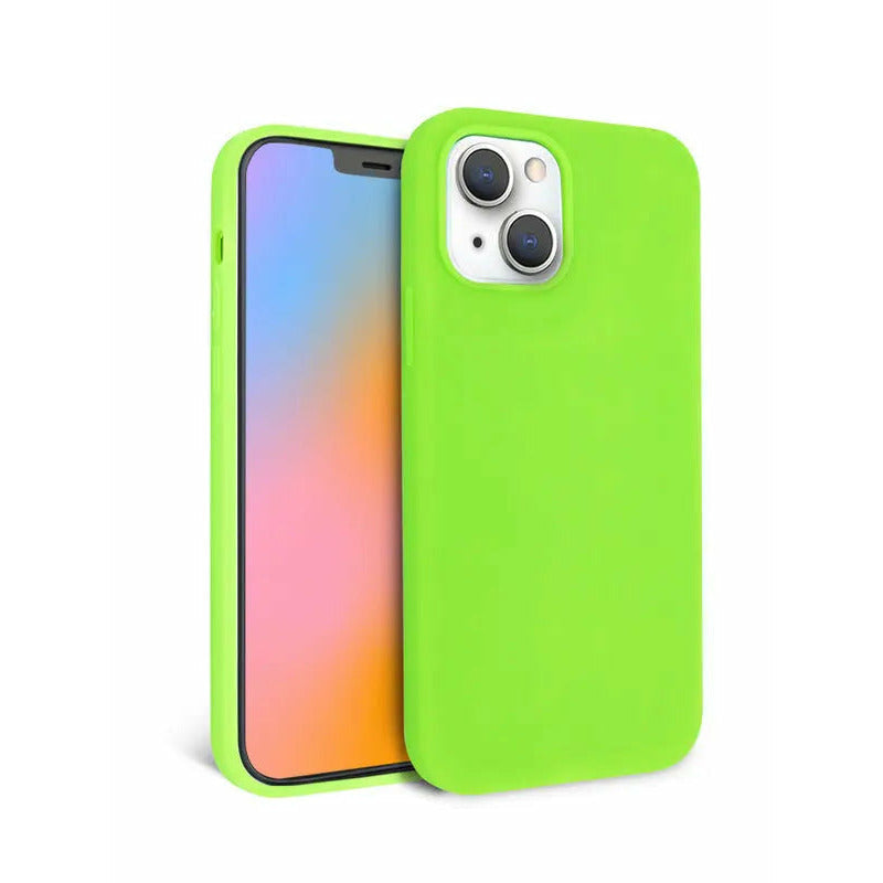 Back view of Neon Green Silicone iPhone Case on iPhone 12