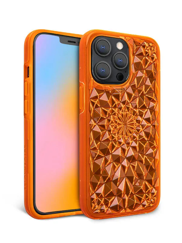 Lifestyle shot of Neon Orange Kaleidoscope iPhone Case in use