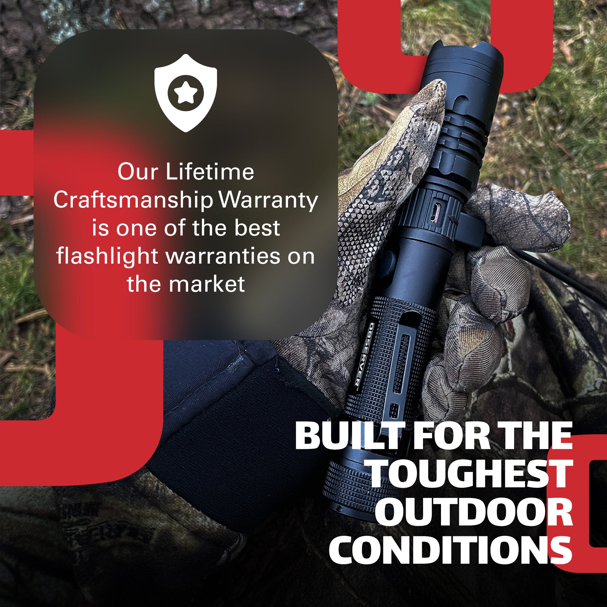 User holding a 1200 Lumen Tactical LED Flashlight outdoors