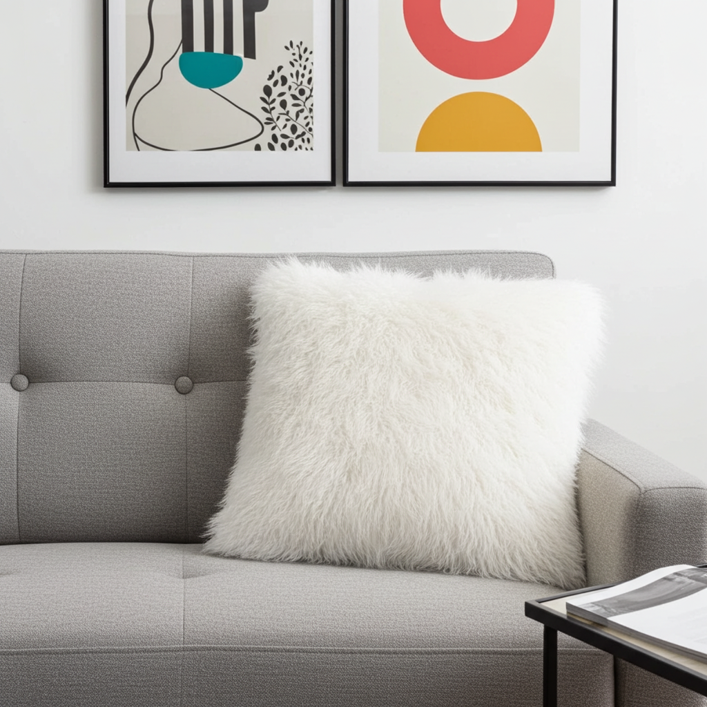 Plutus Off White Mongolian Fur Off White Animal Faux Fur Luxury Throw Pillow