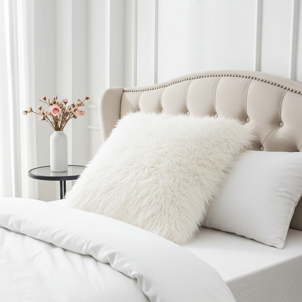 Plutus Off White Mongolian Fur Off White Animal Faux Fur Luxury Throw Pillow