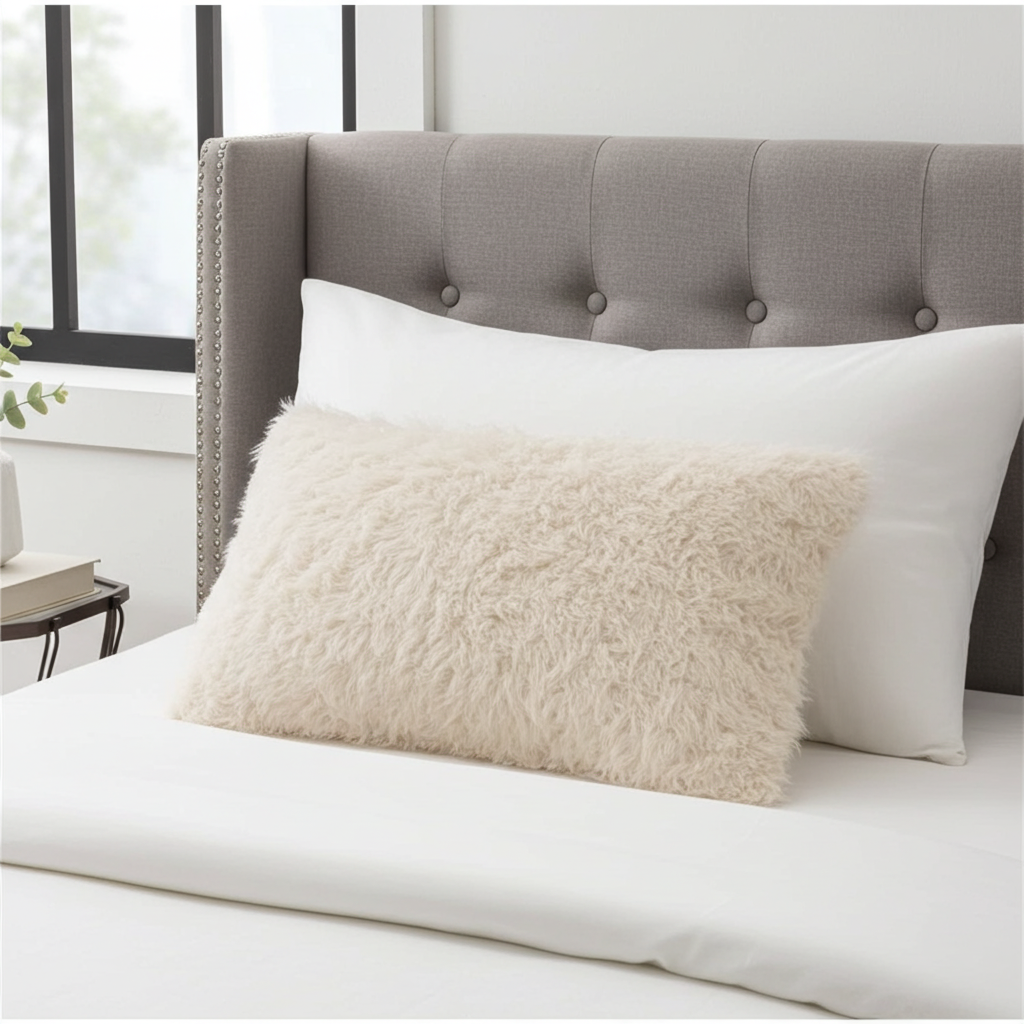 Plutus Off White Mongolian Fur Off White Animal Faux Fur Luxury Throw Pillow