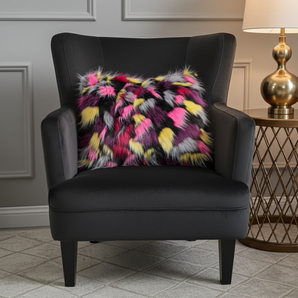 Plutus Burgandy, Black Exotic Parrot Animal Faux Fur Luxury Throw Pillow