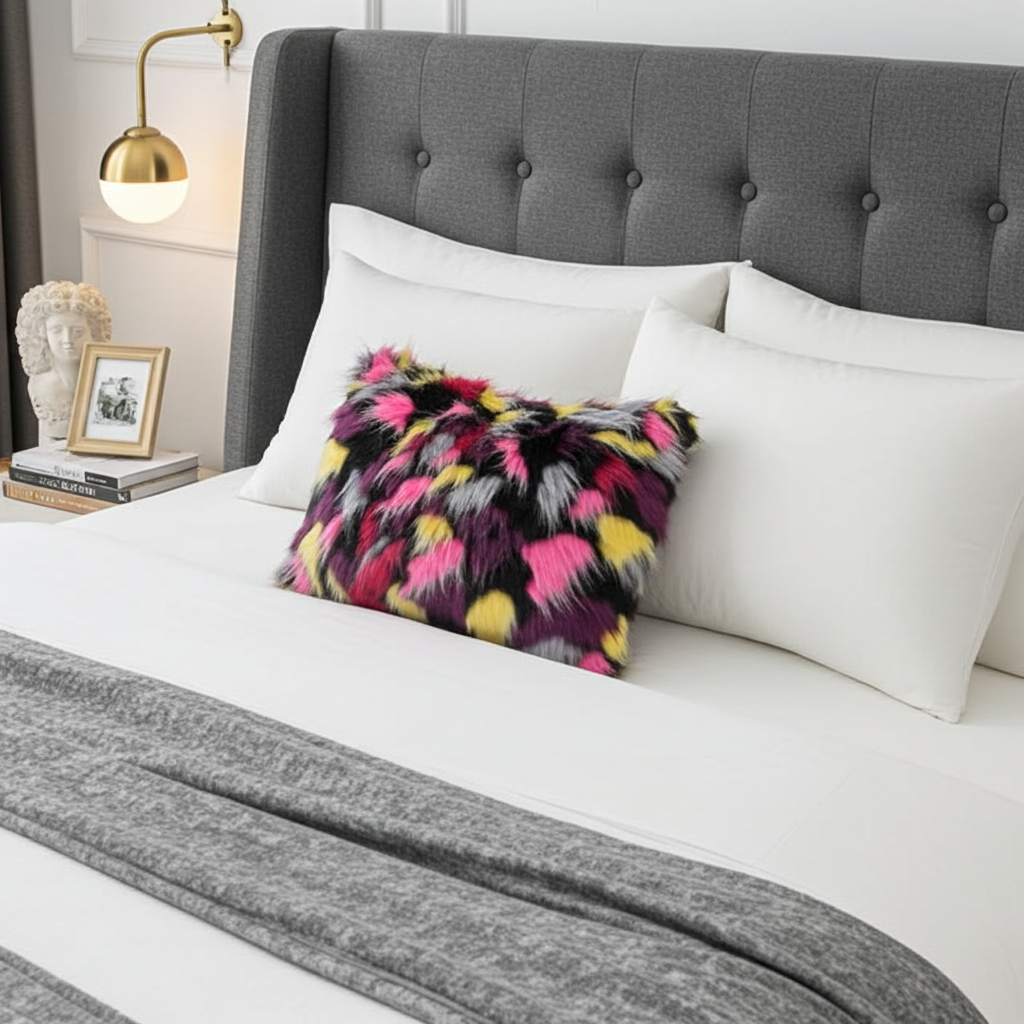 Plutus Burgandy, Black Exotic Parrot Animal Faux Fur Luxury Throw Pillow