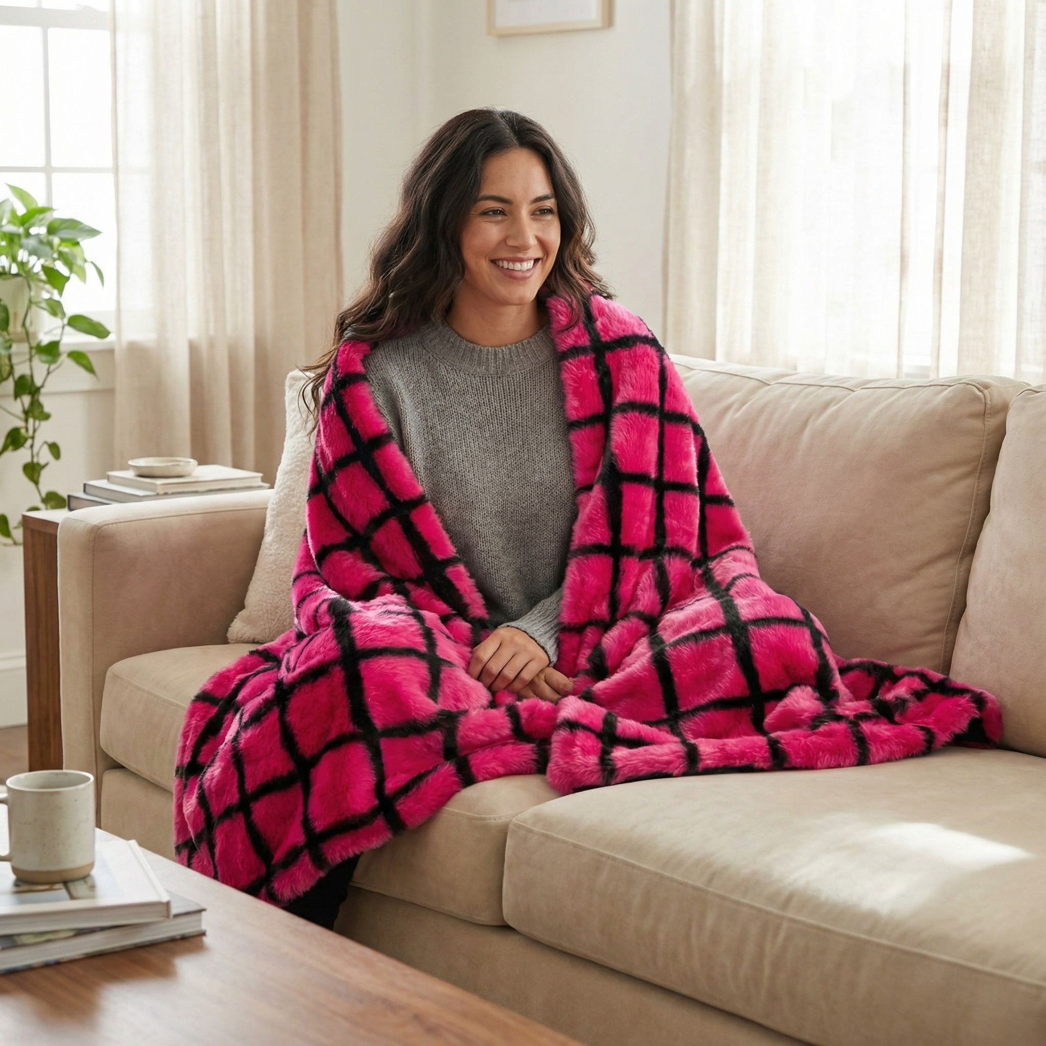 Plutus Fuchsia Purple Diamond Faux Fur Luxury Throw Blanket