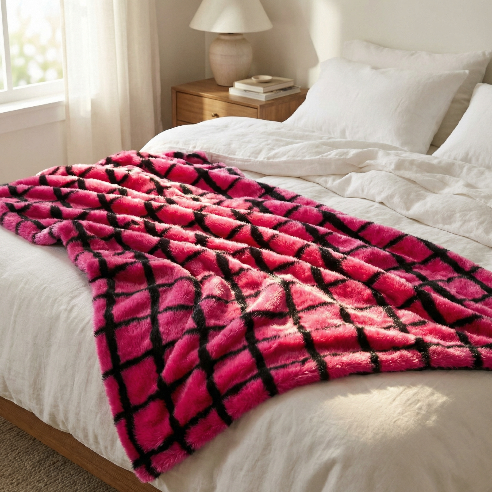 Plutus Fuchsia Purple Diamond Faux Fur Luxury Throw Blanket