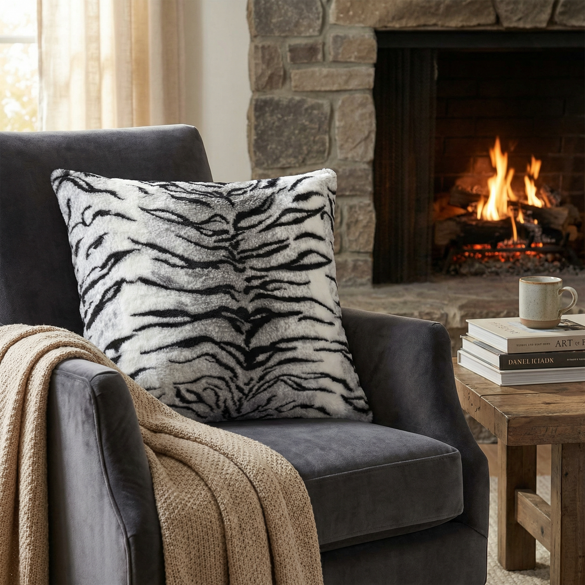 Plutus Black and White Zebra Animal Faux Fur Luxury Throw Pillow