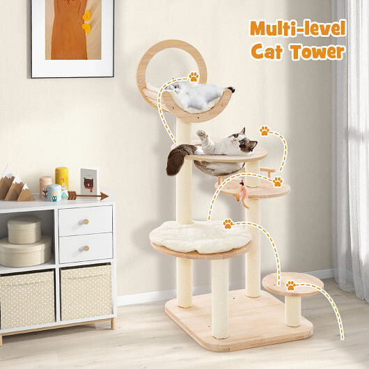 Front view of Deluxe 4-in-1 Wooden Cat Tower by Gobingya