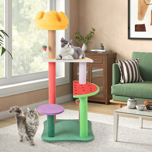 Side view of Gobingya Deluxe 45 Inch Cat Tree with engaging fruit platforms