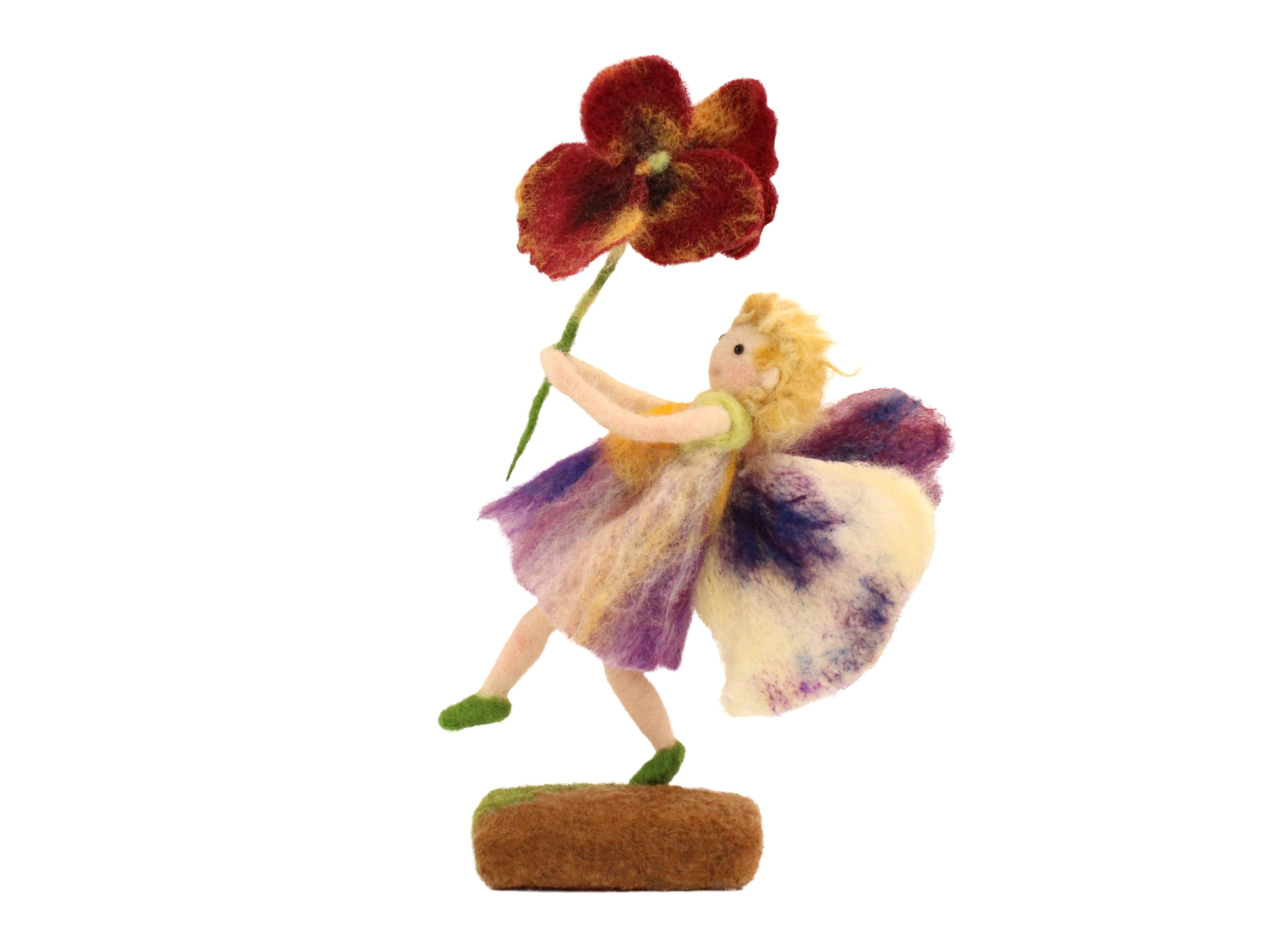 Finished Pansy Fairy from the Needle Felting Kit displayed on a shelf