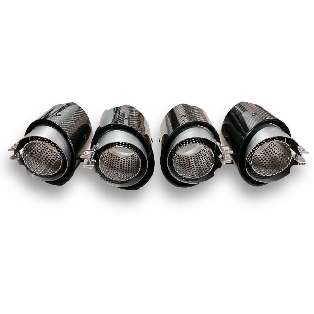 Installation view of Carbon Fiber Exhaust Tips on a BMW G80 M3 vehicle
