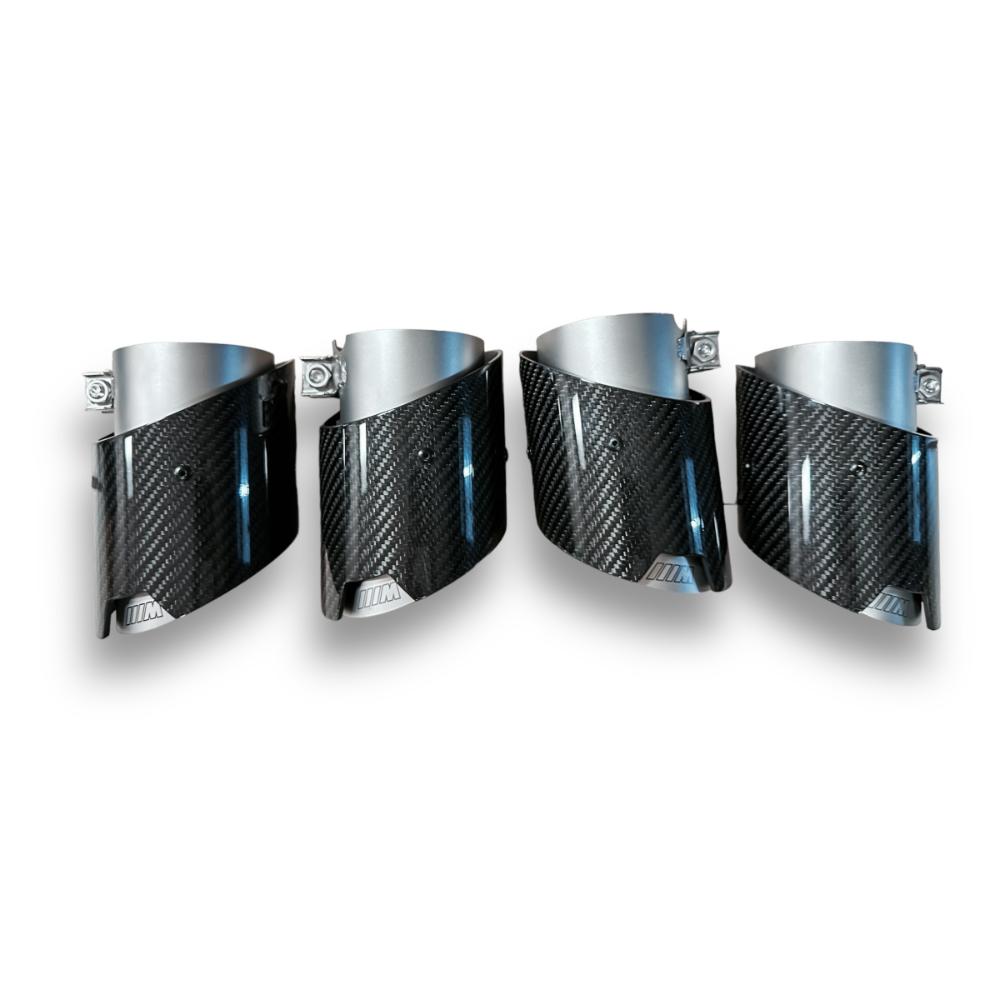 Side profile of Carbon Fiber Exhaust Tips for BMW G82 M4 showcasing sleek design