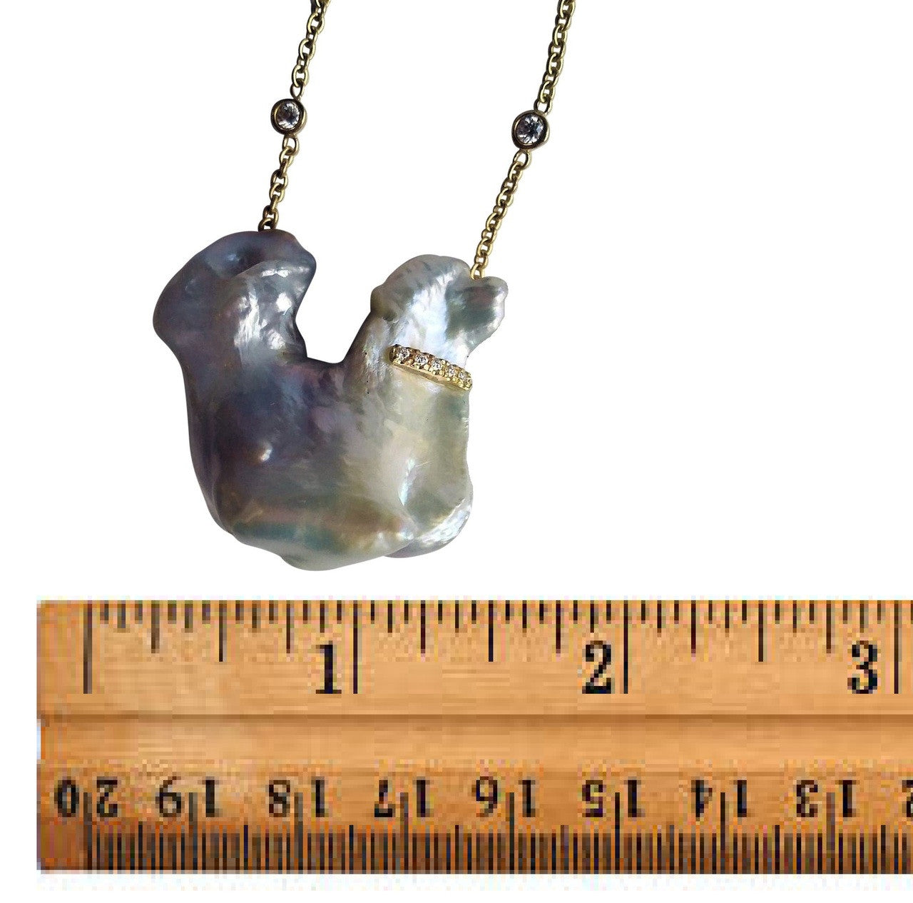 Front view of Jumbo Poodle Pearl Necklace in 18K gold by Jane A Gordon