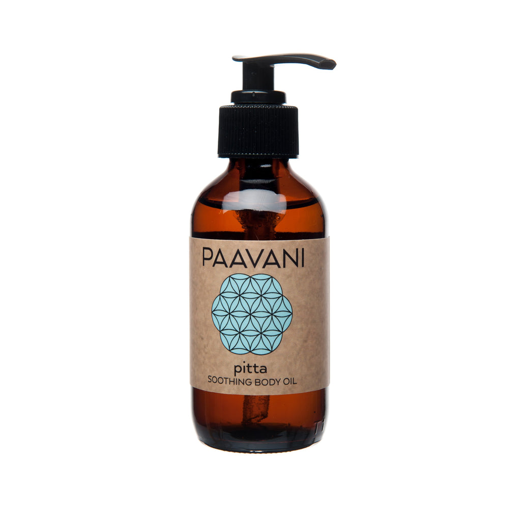 Cooling Pitta Body Oil for Sensitive Skin bottle front view by Paavani Ayurveda