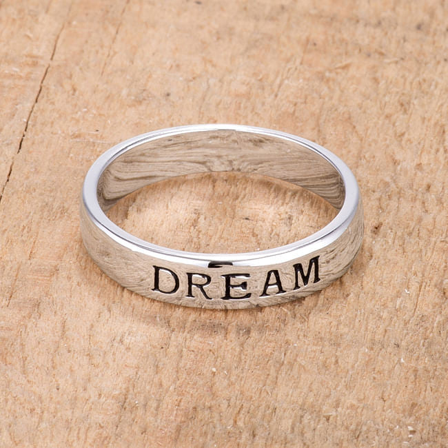 Close-up view of Rhodium Eternity Band with 'DREAM' inscription by Gobingya