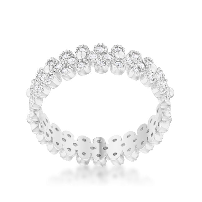 Side angle of Clara Rhodium Textured Bezel Eternity Ring showcasing cubic zirconia