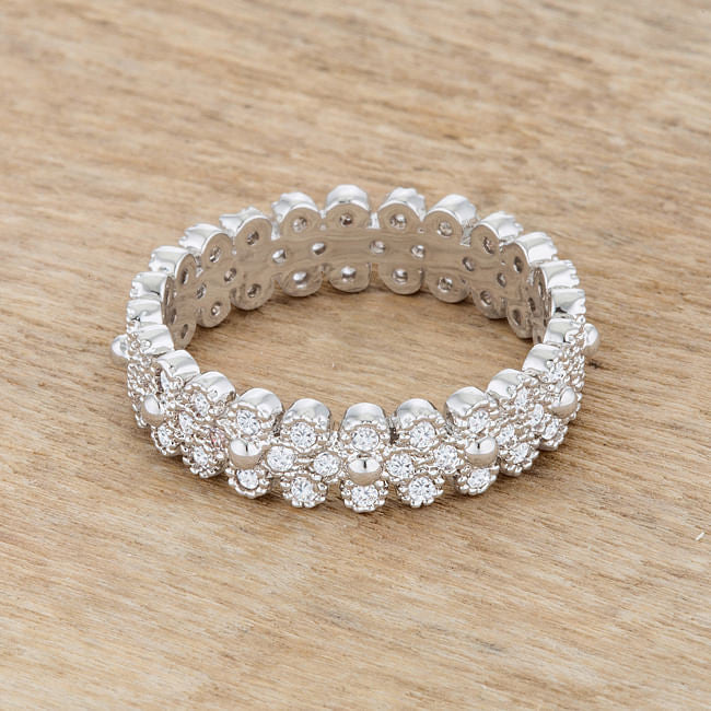 Close-up of Clara Rhodium Textured Bezel Eternity Ring highlighting texture