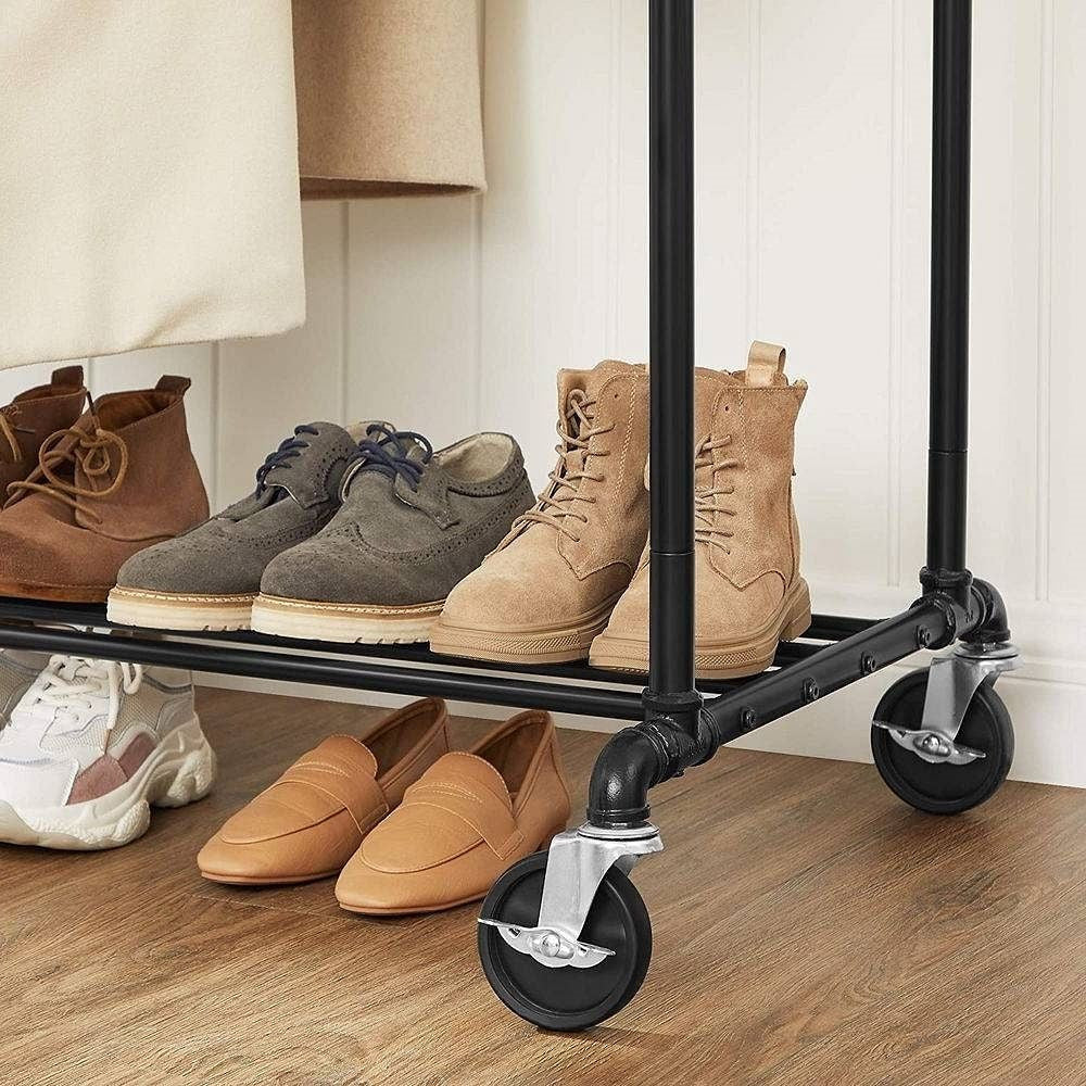 Heavy Duty Rustic Pipe Black Double-Rail Clothes Garment Rack w/ Locking Wheels