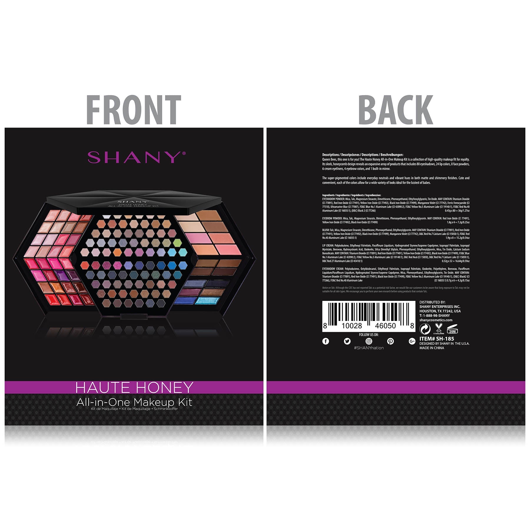 Side view of SHANY Haute Honey Makeup Kit displaying lip colors and mirror